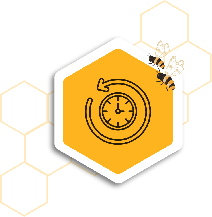 Icon in Form eines Sechsecks mit einer Uhr und einer Biene auf gelbem Hintergrund.