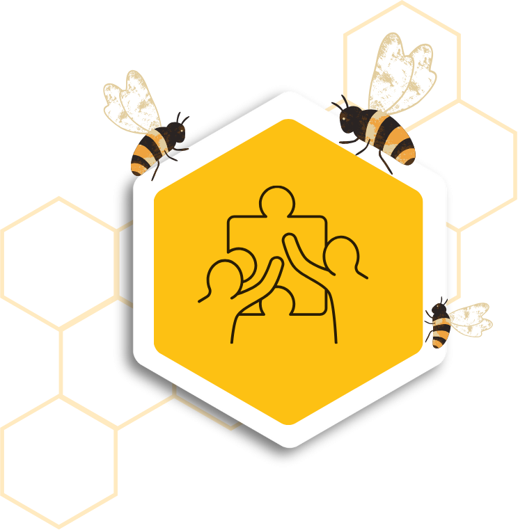 Zwei stilisierte Hände greifen nach einem Puzzlestück vor einem Wabenmuster.