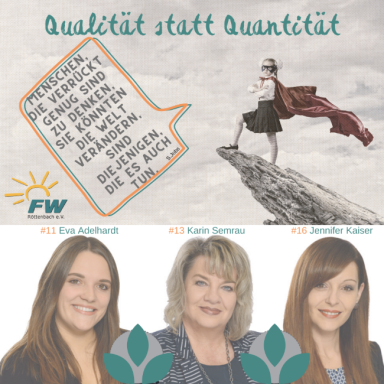 Drei Frauenporträts mit dem Slogan „Qualität statt Quantität“ und einem grafischen Hintergrund.