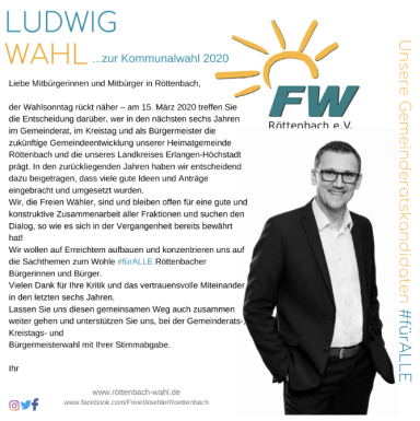 Wahlaufruf von FW für die Kommunalwahl 2020 mit Informationen und Porträt eines Kandidaten.