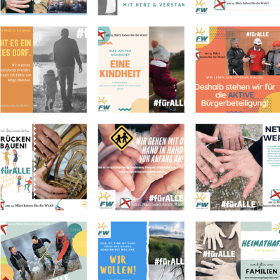 Vielfältige Grafiken zu Bürgerbeteiligung und Gemeinschaftsaktionen in buntem Layout.