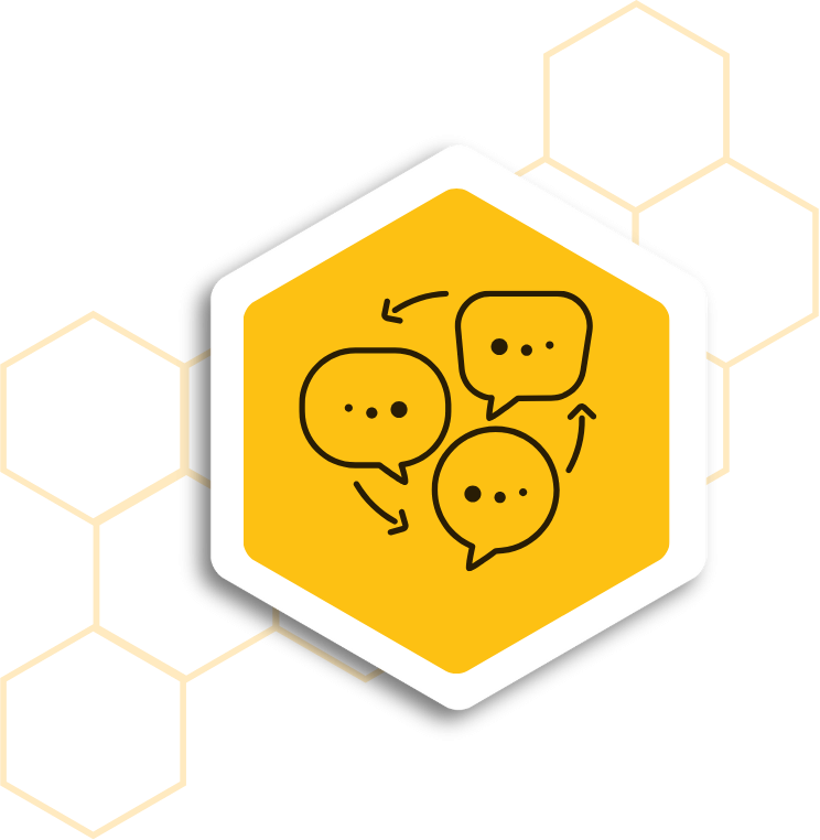 Drei Sprechblasen auf gelbem Hintergrund mit Pfeilen, die den Austausch symbolisieren.