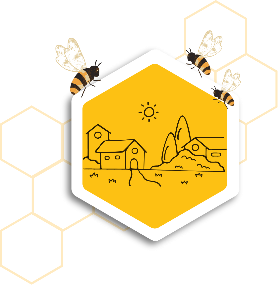 Bienen fliegen über eine stilisierte Landschaft mit Häusern und Feldern in einem Sechseck.