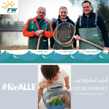 Drei Männer in Angelkleidung stehen am Wasser, während ein Kind Fische im Becken betrachtet.